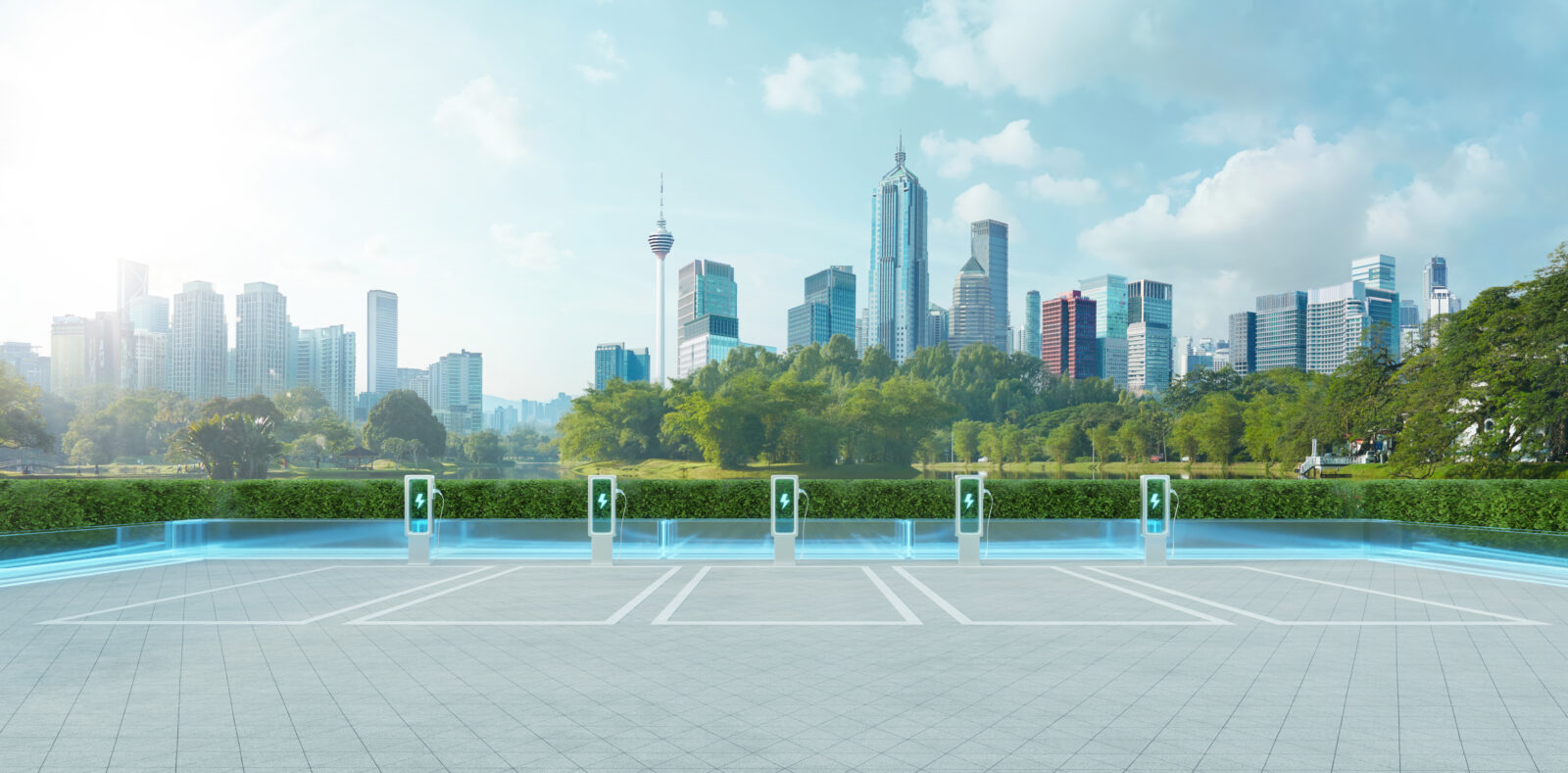 Electric vehicle charging station in city