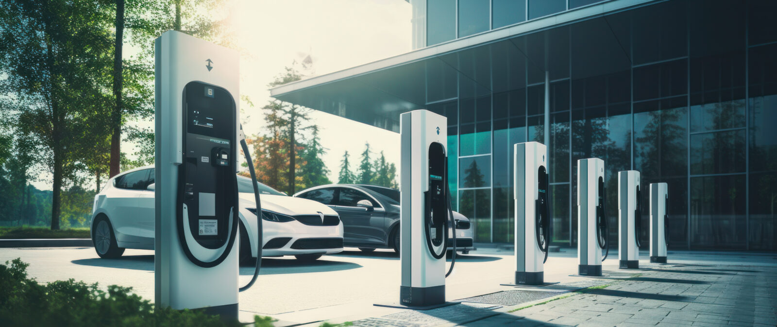 Electric vehicle charging station or electric vehicle charging stations with graphic display. Electric public charging powered by renewable clean energy. Concept of technology, ecology.