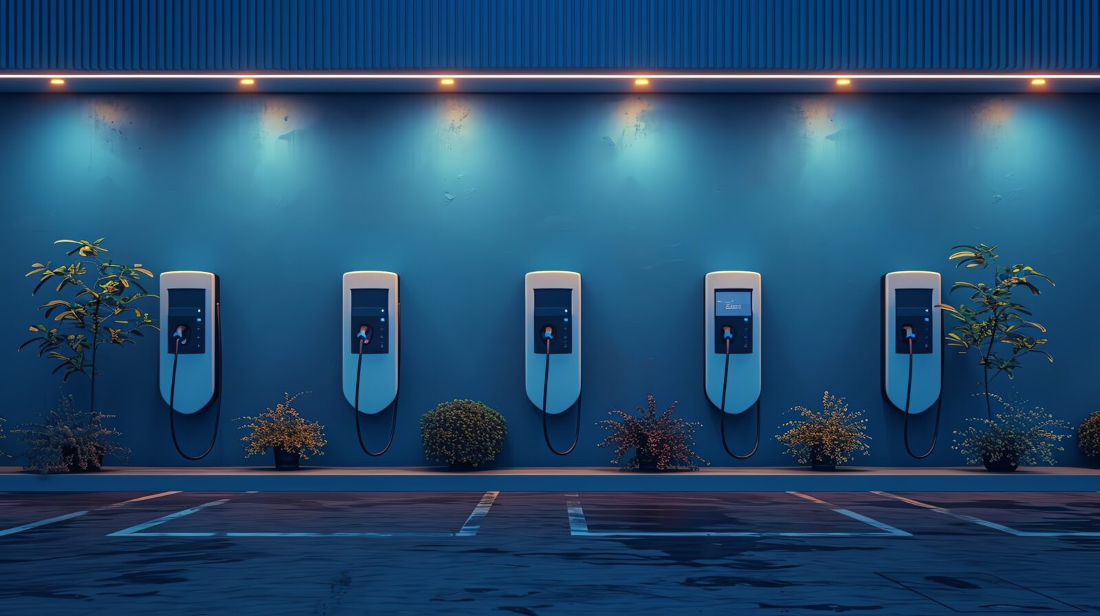 Multiple EV chargers lined up at a corporate office building, against a professional blue background, suitable for business-oriented audiences, high detailed and resolution